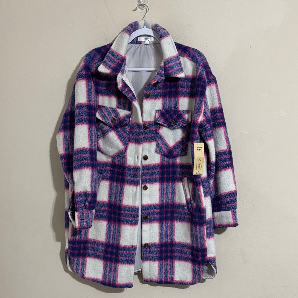 NWT Madden NYC Plaid Button-Up Shacket Jacket Women Pink White size L Casual